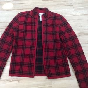 Jones New York Red Black Plaid Zip Sweater Jacket Small